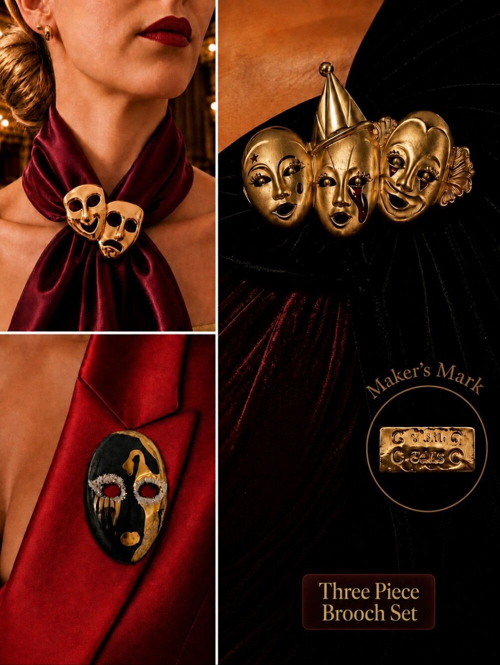 Vintage AJC Gold Jester Pierrot Clown Theater Mask Masquerade Brooch 3 Pin Set